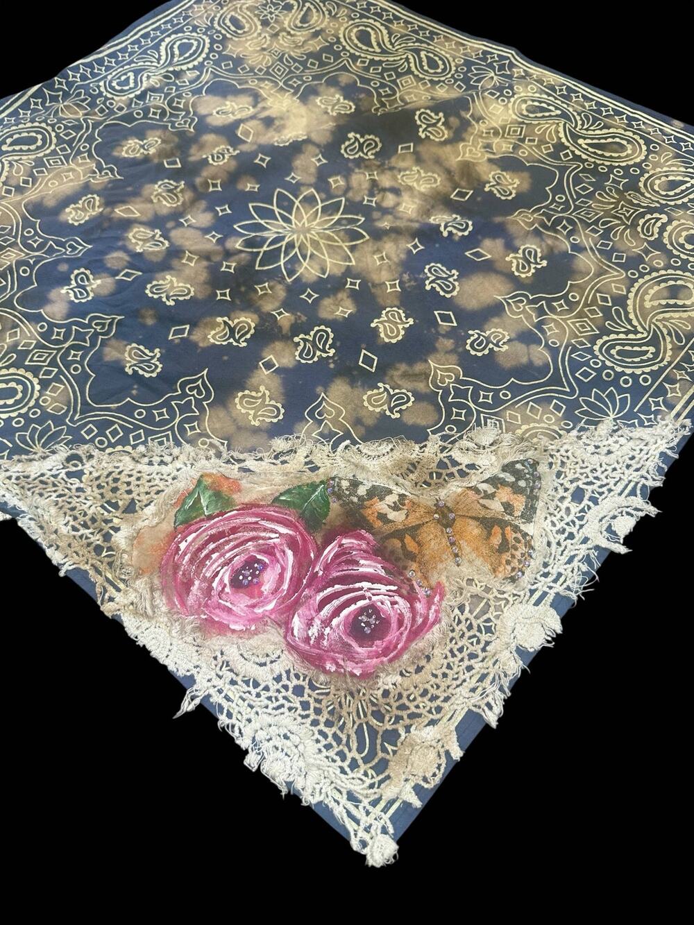 Navy Vintage Look Hand Painted Bandana